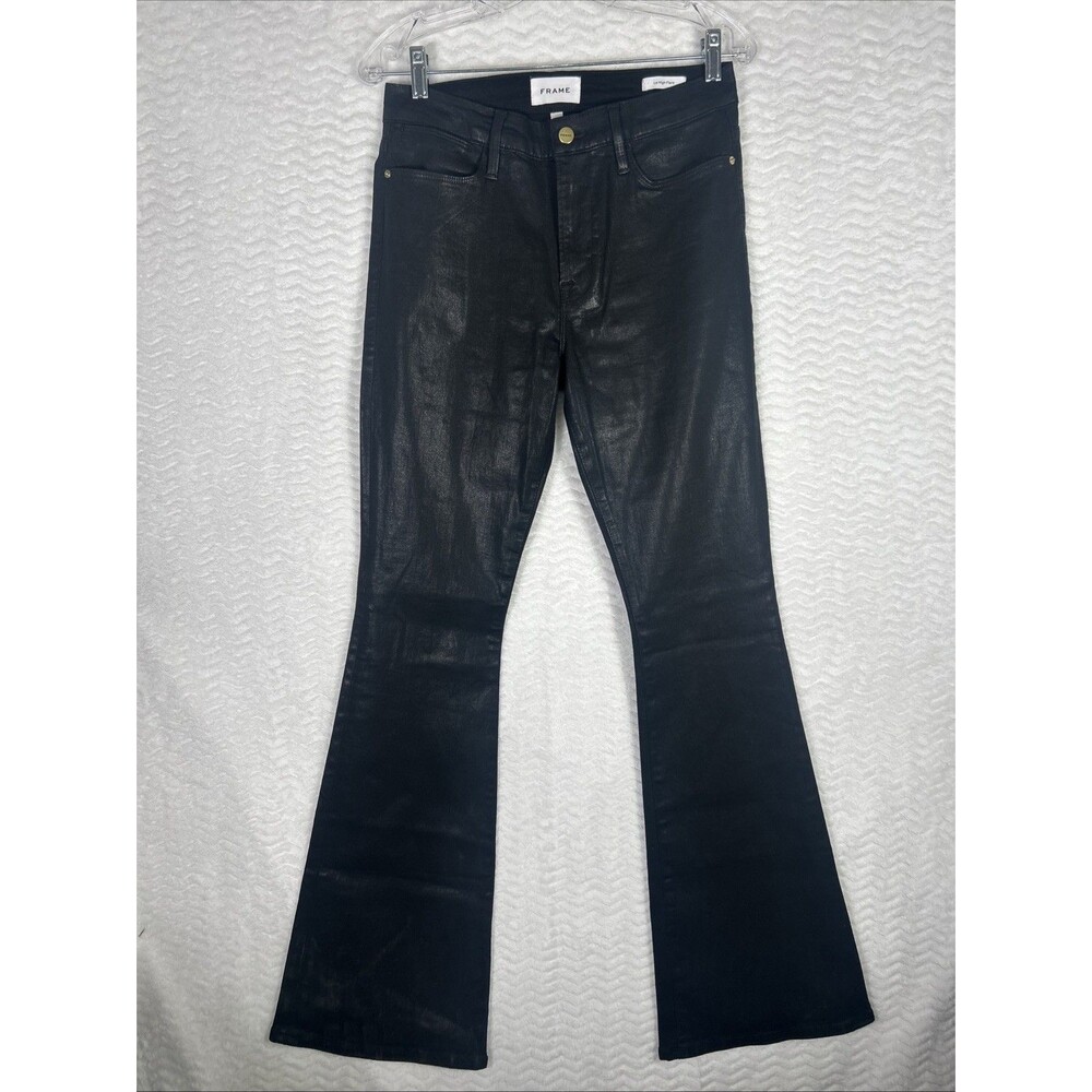 FRAME Le High Flare Jeans Womens 31 Black Coated Denim High Rise Waxed Stretch